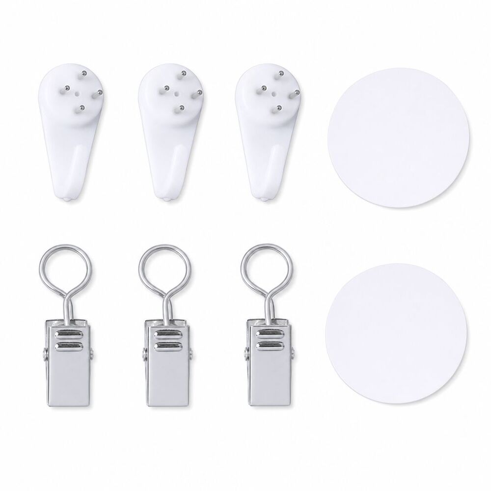 Set of 3 Wall Mount Clips w/ Adhesive Pads White Plastic Hooks & Metal Holders